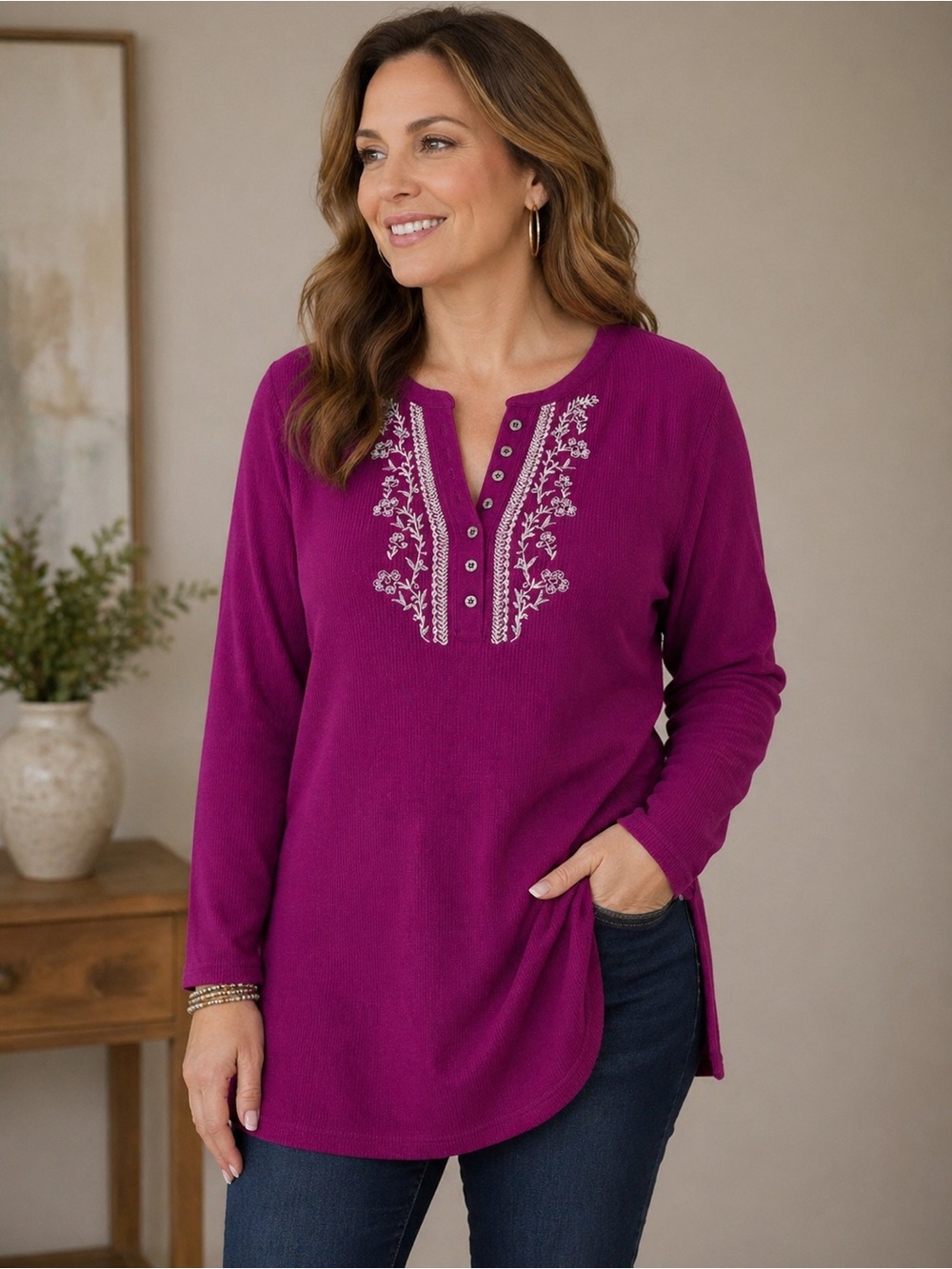 ✨ Woman Within Embroidered Long Sleeve Top – Pretty & Polished 💜✨